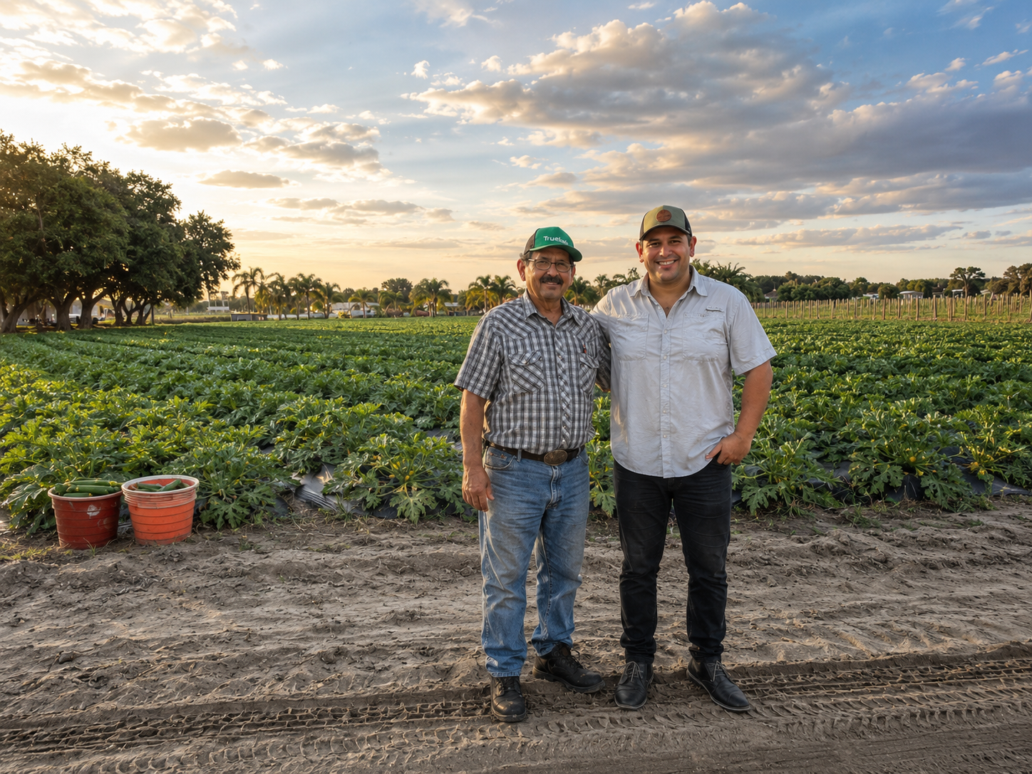 Eddie Shuker with a local North Florida farmer in the field at golden hour